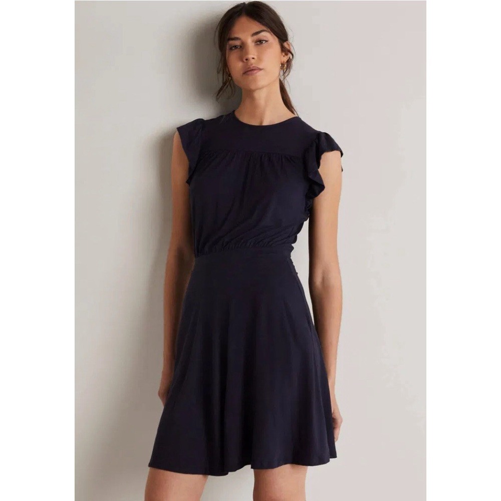 BODEN Navy Blue Ruffle Printed Mini Dress Size US 8R - Very Faint Spot